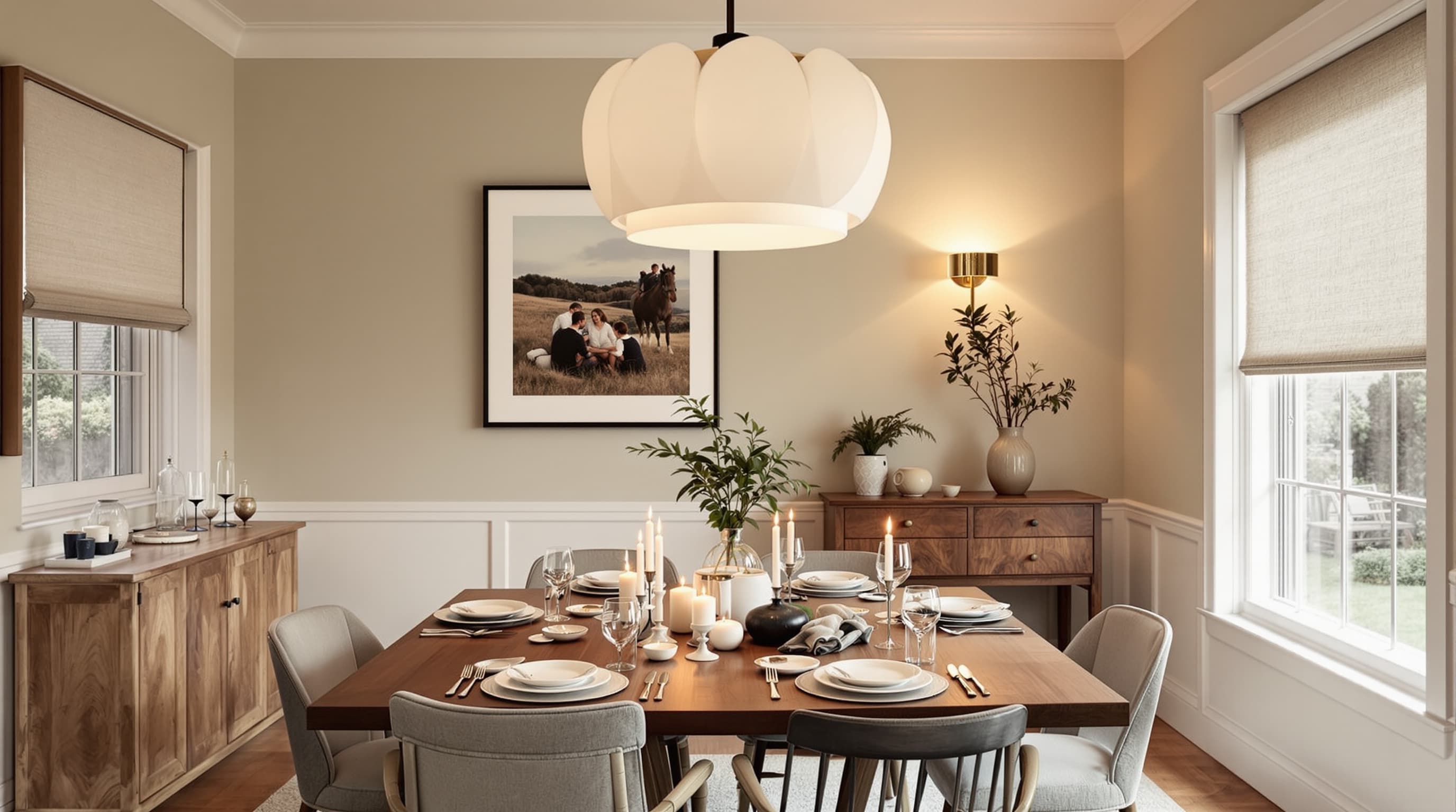 Dinner: One touch: the dining room settles to candle level and music follows your guests in from the terrace.