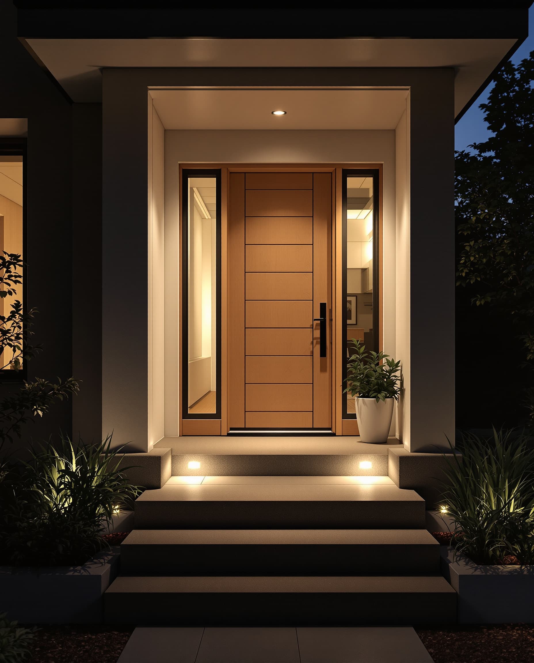Arrival: The gate opens as the car approaches. Path lights rise, the alarm disarms and the hall is lit before the door is reached.