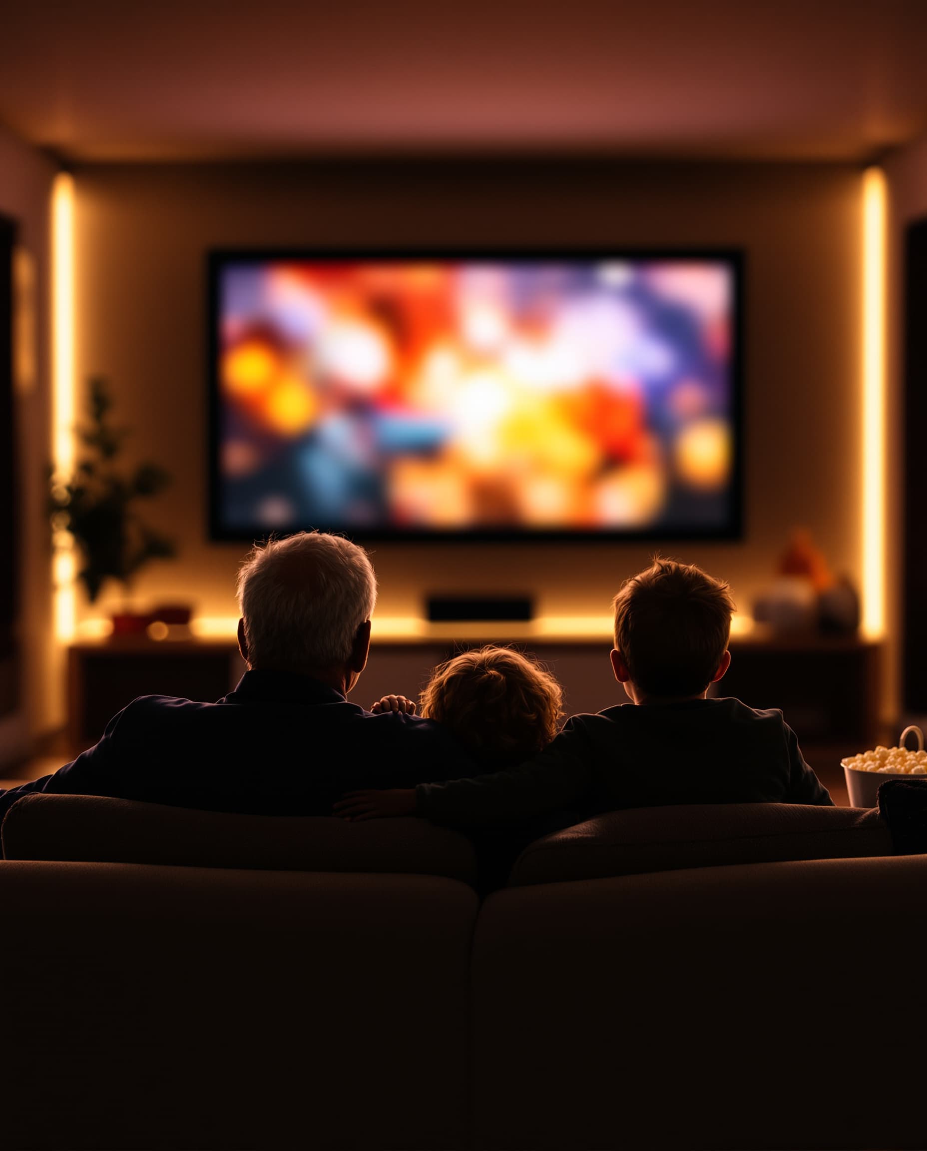 A grandfather and grandchild watching a film together in a private cinema