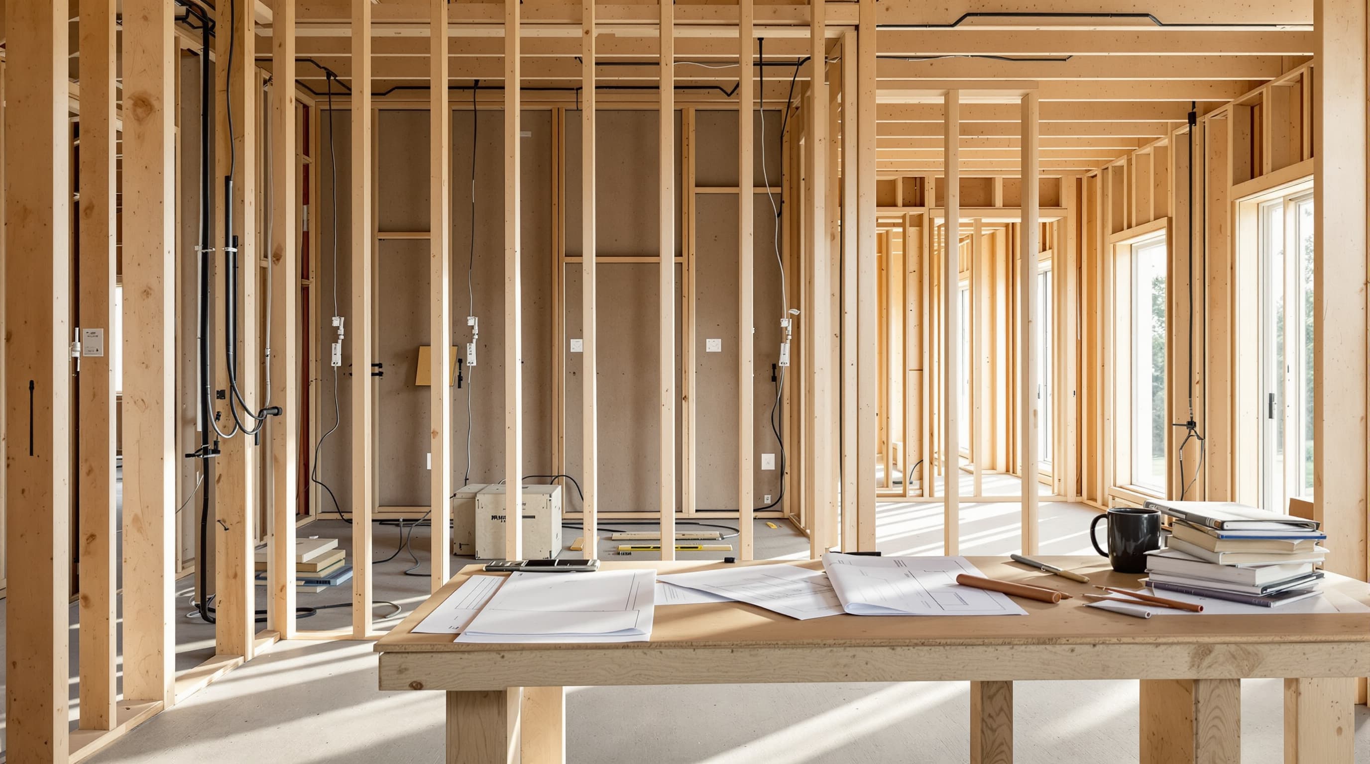 A custom home under construction with neatly organised low-voltage wiring