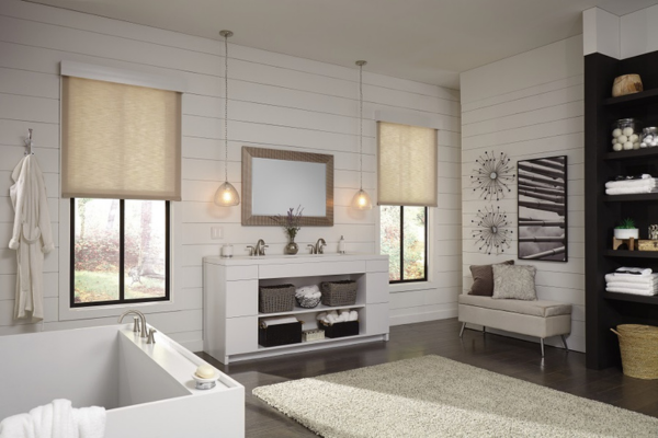 White bathroom with dual Lutron shades for smart lighting and shades control
